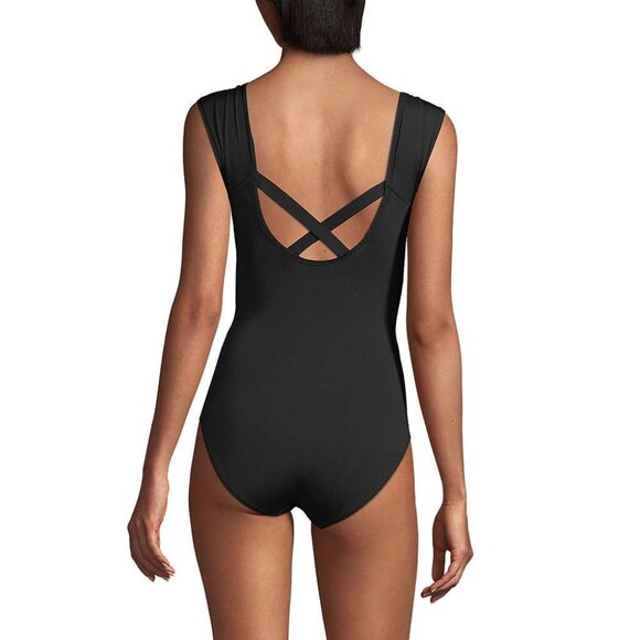 Lands End 22W Black One Piece Swimsuit Tummy Control Cap Sleeve X Back Lined Cup - Picture 2 of 9